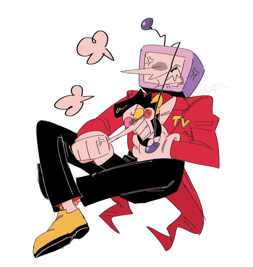 2boys anger_vein angry ant_tenna black_hair black_pants crossed_ankles crt deltarune full_body gloves heterochromatic_eyewear highres kkupiii male_focus multiple_boys necktie nose_grab object_head pants pipis_(deltarune) pointy_nose shoes signature simple_background size_difference spamton_g._spamton tailcoat tinted_eyewear white_background white_gloves yellow_necktie yellow_shoes