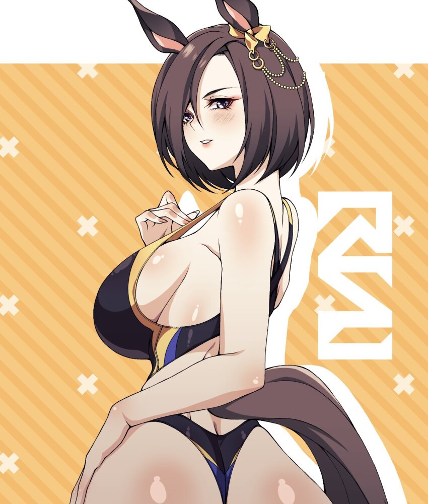 1girl air_groove_(umamusume) alternate_costume animal_ears artist_logo ass bare_shoulders black_one-piece_swimsuit blush breasts brown_hair cero_rains commentary ear_ornament english_commentary from_behind hand_on_own_hip highres horse_ears horse_girl horse_tail large_breasts logo looking_at_viewer looking_back one-piece_swimsuit one-piece_thong orange_background purple_eyes short_hair sideboob simple_background solo swimsuit tail two-tone_background umamusume white_background