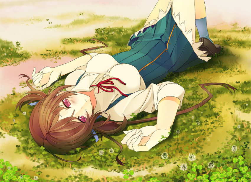 10s 1girl aomi_isara bad_id bad_pixiv_id brown_hair clover clover_(flower) female_focus flower koi_to_senkyo_to_chocolate lying pink_eyes school_uniform shingo. sleeves_rolled_up solo twintails