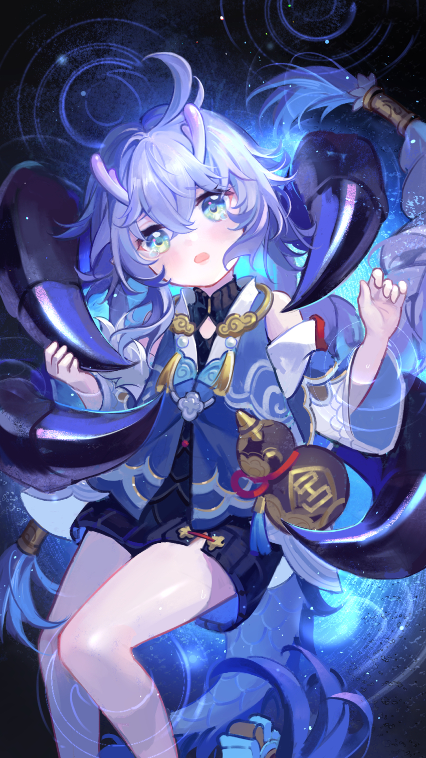 1girl ahoge bailu_(honkai:_star_rail) bare_legs blush chinese_clothes claws detached_sleeves dragon_girl dragon_horns dragon_tail eastern_dragon_horns eastern_dragon_tail feet_out_of_frame flat_chest gourd hair_between_eyes hair_ornament highres honkai:_star_rail honkai_(series) horns huge_claws kongzao long_hair looking_at_viewer open_mouth purple_hair tail tears thighs
