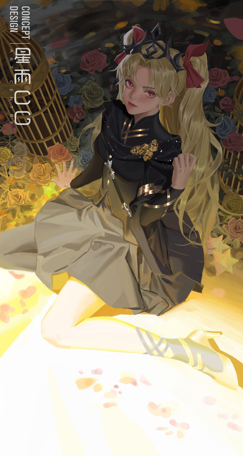 1girl absurdres armlet artist_name artstation_username asymmetrical_legwear birdcage black_dress black_legwear black_nails blonde_hair blue_flower blue_rose bow cage chinese_commentary dress earrings ereshkigal_(fate) ereshkigal_(third_ascension)_(fate) fate/grand_order fate_(series) fingernails flower from_side gold_footwear gold_trim hair_bow hair_ribbon hand_up high_heels highres hoop_earrings jewelry light_smile long_hair long_sleeves looking_at_viewer nail_polish parted_bangs red_bow red_eyes red_ribbon ribbon rose shadow sitting solo starlab tiara two_side_up uneven_legwear very_long_hair yellow_flower yellow_rose
