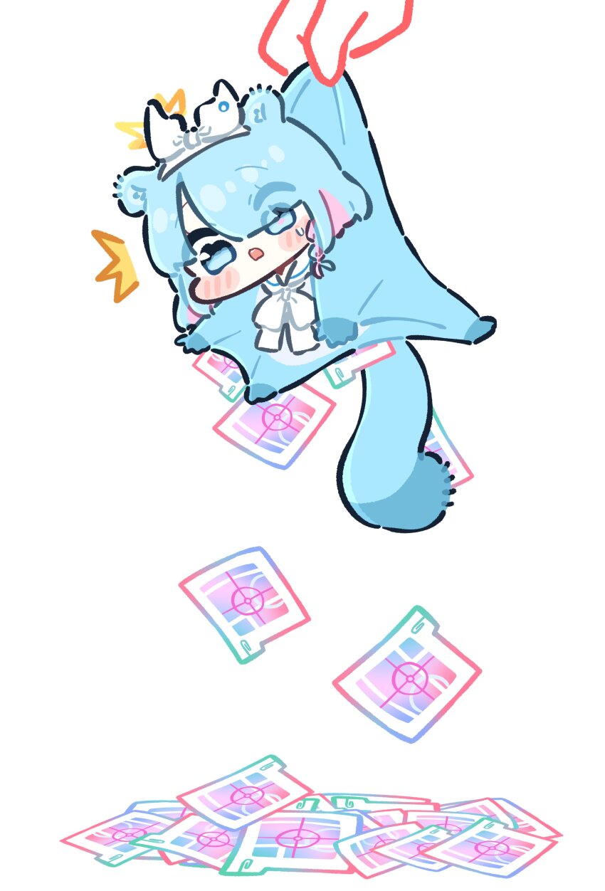 1girl ^^^ absurdres animal_ears arona_(blue_archive) blue_archive blue_eyes blue_hair blush_stickers bow_hairband braid colored_inner_hair fake_animal_ears fake_tail frown gacha_(game_mechanic) hairband halo highres multicolored_hair paper parted_bangs piki_(itpiki) pink_eyes recruitment_(blue_archive) shaking short_hair simple_background solo_focus squirrel_costume tail white_hairband yellow_halo