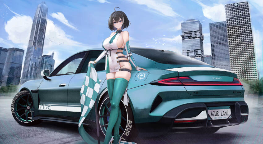 1girl absurdres ahoge aqua_thighhighs azur_lane bare_shoulders black_hair blue_eyes breasts car checkered_flag covered_navel crossed_legs day dress elbow_gloves flag gloves high_heels highres hwah_jah_(azur_lane) kcar66t large_breasts looking_at_viewer motor_vehicle multicolored_hair necktie no_panties outdoors pubic_hair race_queen revealing_clothes see-through_clothes shoes short_dress short_hair short_necktie sideboob sideless_outfit skindentation sleeveless sleeveless_dress solo sports_car standing streaked_hair thighhighs thighs transparent_dress vehicle_request watson_cross white_shoes wide_shot wing_collar