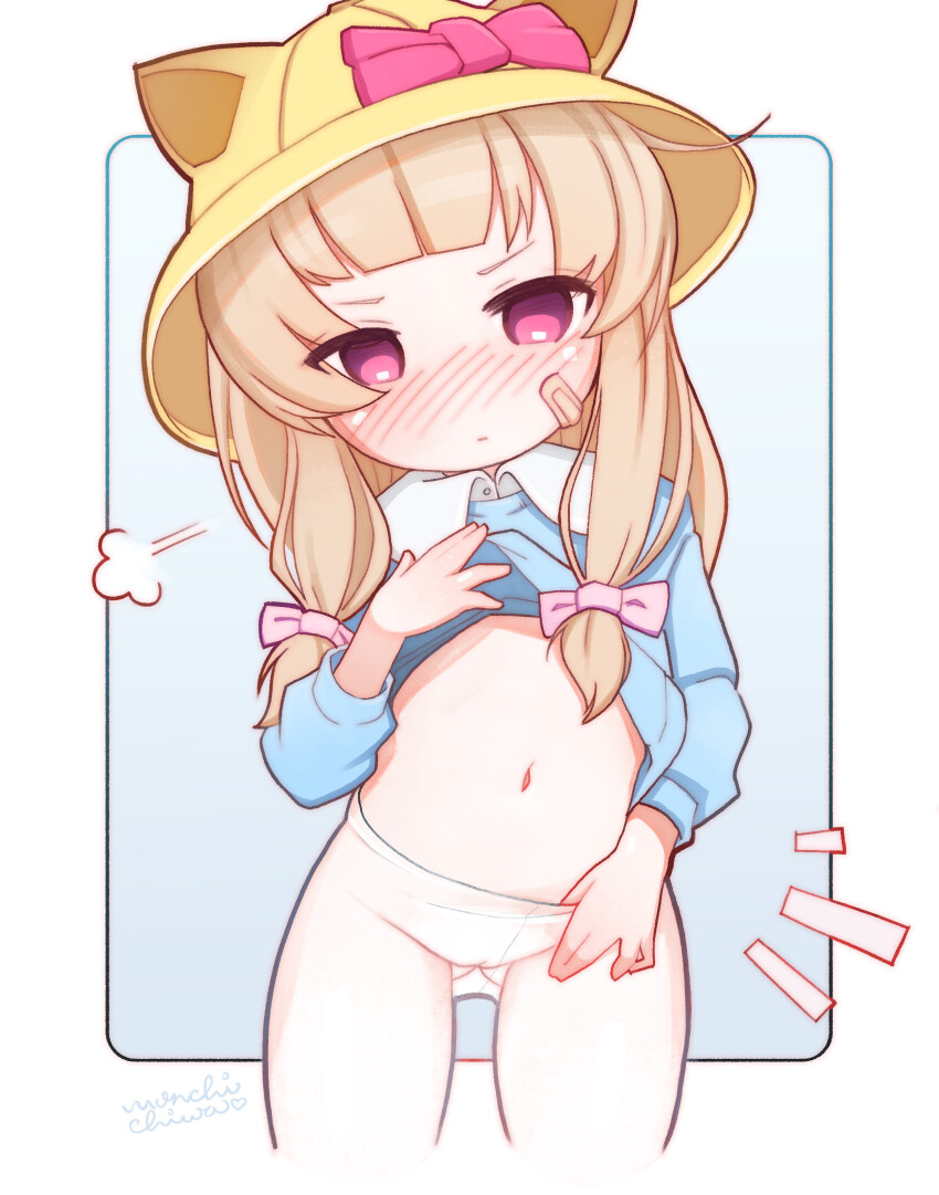 1girl absurdres bandaid bandaid_on_cheek bandaid_on_face blonde_hair blush bow closed_mouth clothes_lift collared_shirt cowboy_shot female_focus gluteal_fold hair_bow hat highres lifting_own_clothes long_hair looking_at_viewer monchichiwa navel nose_blush original panties pink_bow pink_eyes puff_of_air shirt shirt_lift solo standing stomach thighs underwear white_panties yellow_hat