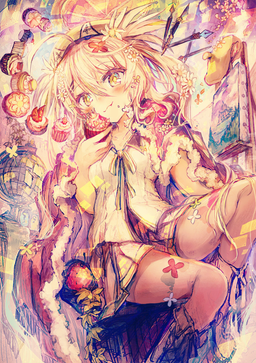 1girl ahoge apple beret blonde_hair boots camomi camomi_camomi canvas_(object) cape check_commentary cherry chocolate closed_mouth collarbone collared_shirt commentary_request crown cupcake female_focus floral_print flower food fruit globe hair_flower hair_ornament hat highres indie_virtual_youtuber leaf long_hair nanashi_inc. painting_(object) pen self-portrait shirt sitting skirt solo twintails v_ap_art virtual_youtuber yellow_eyes yellow_skirt