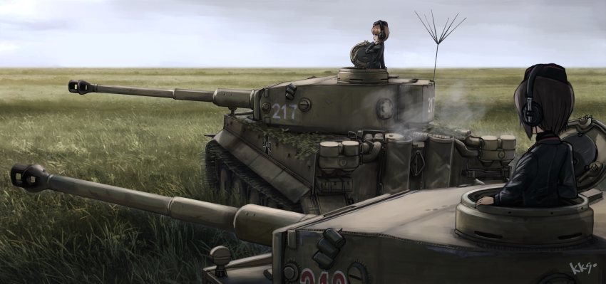2girls absurdres black_hat black_jacket brown_hair emblem girls_und_panzer hat headphones highres itsumi_erika jacket kk90 kuromorimine_(emblem) kuromorimine_military_uniform military military_uniform military_vehicle motor_vehicle multiple_girls nishizumi_maho pillbox_hat tank tiger_i