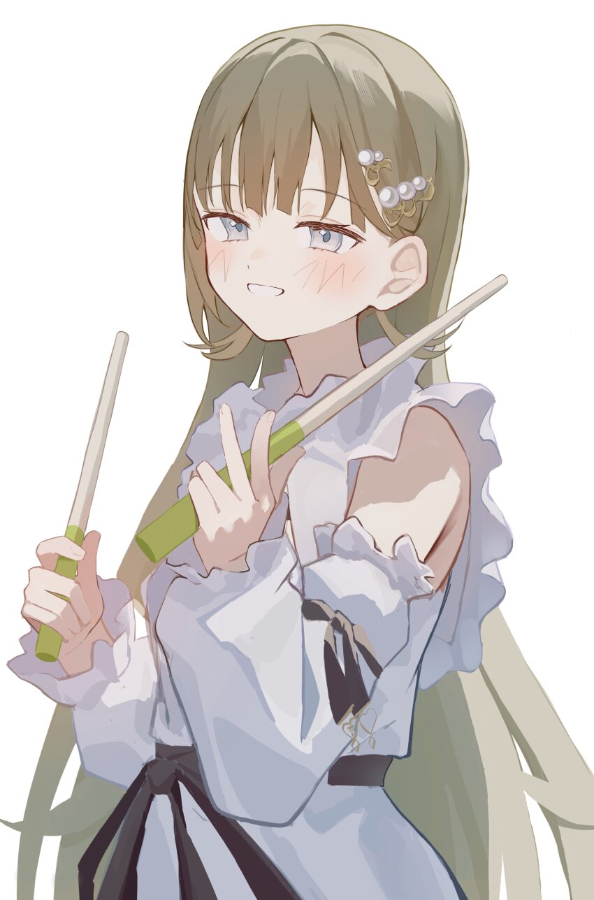1girl absurdres blue_eyes blush cattleya_regina_games detached_sleeves dress green_hair hanabusa_lisa hanabusa_lisa_(1st_costume) highres long_hair open_mouth pearl_hair_ornament shumpi simple_background sleeveless sleeveless_dress smile solo taiko_sticks upper_body v virtual_youtuber vspo! white_background white_dress