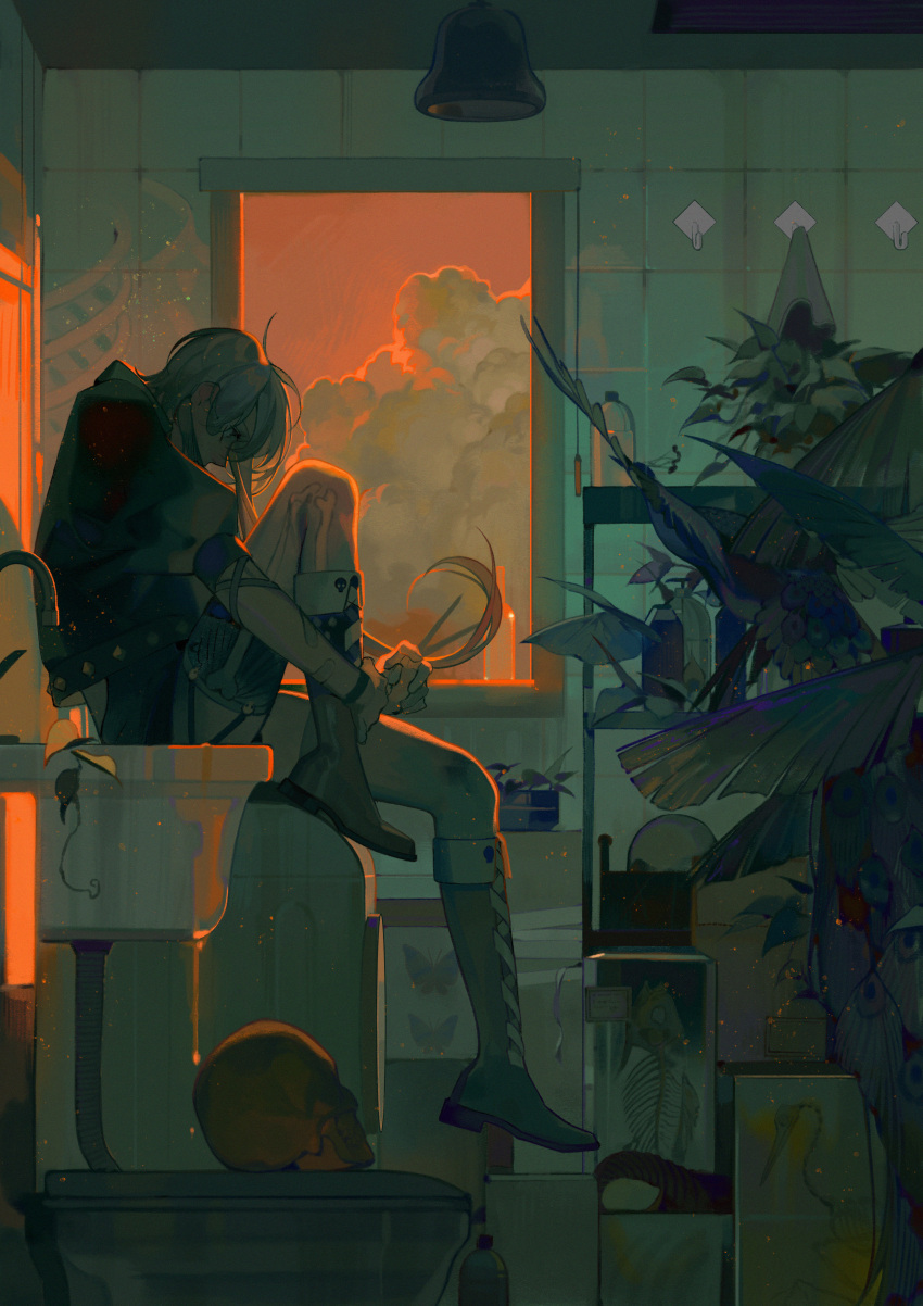 1boy absurdres bird boots cloud highres indoors knee_up male_focus original plant profile shelf sitting skull solo toilet wide_shot window xiaoquandianer
