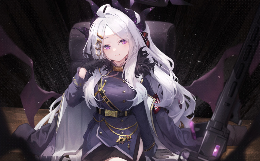 1girl absurdres ahoge black_gloves black_skirt blue_archive blush closed_mouth coat coat_on_shoulders demon_girl demon_horns demon_wings fur_collar gloves highres hina_(blue_archive) horns jacket long_hair looking_at_viewer magaqq123 ponytail purple_coat purple_eyes purple_jacket skirt smile solo white_hair wings