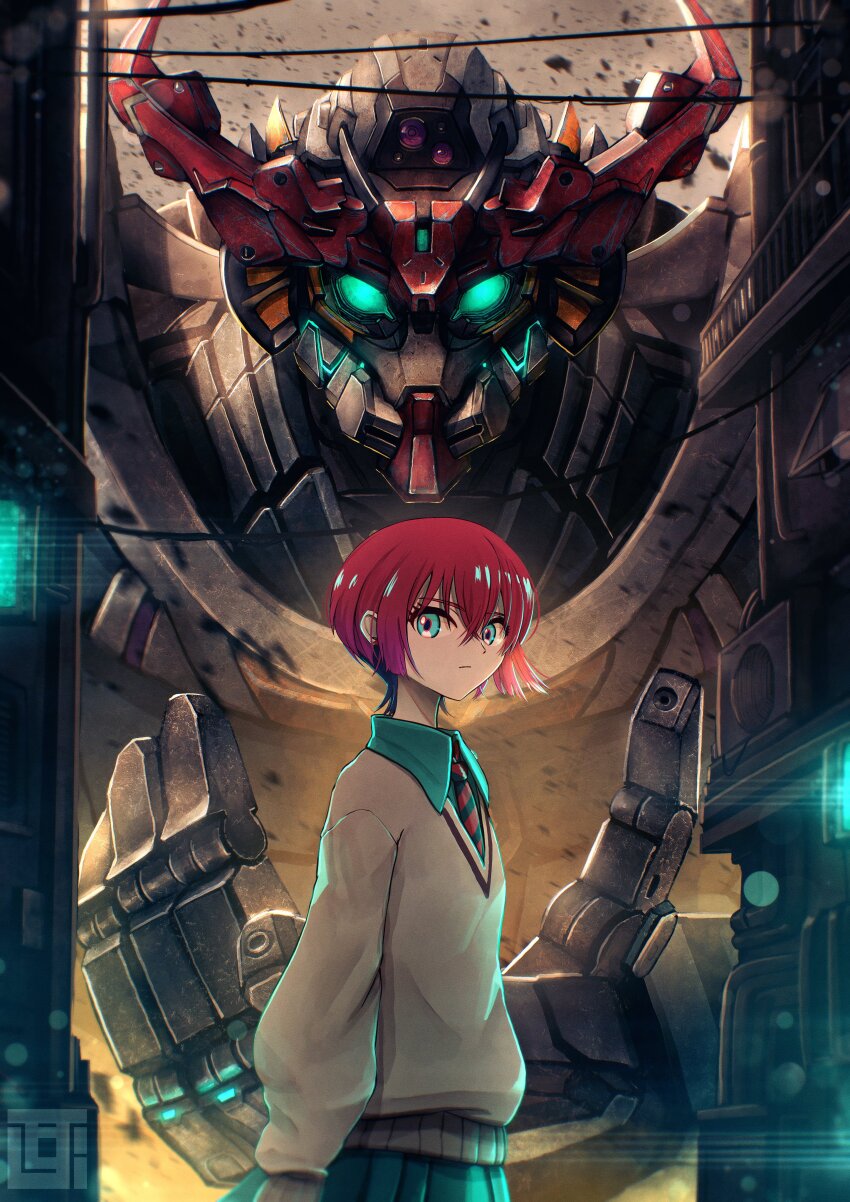 1girl absurdres amate_yuzuriha aqua_eyes aqua_shirt aqua_skirt collared_shirt gquuuuuux green_eyes gundam gundam_gquuuuuux highres kozsen_810290 looking_at_viewer mecha mobile_suit necktie red_hair robot shirt short_hair skirt sweater v-fin