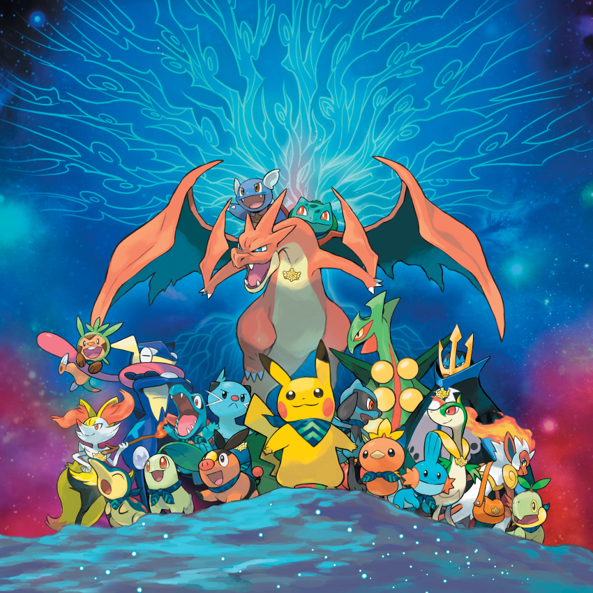 absurdres bag braixen brown_bag bulbasaur charizard chespin chikorita cyndaquil dewott empoleon gen_1_pokemon gen_2_pokemon gen_3_pokemon gen_4_pokemon gen_5_pokemon gen_6_pokemon greninja highres holding holding_stick infernape looking_at_viewer mega_charizard_y mega_pokemon mudkip nintendo no_humans official_art open_mouth outdoors pikachu pokemon pokemon_(creature) pokemon_mystery_dungeon pokemon_super_mystery_dungeon riolu sceptile servine shoulder_bag stick tepig torchic totodile turtwig wartortle