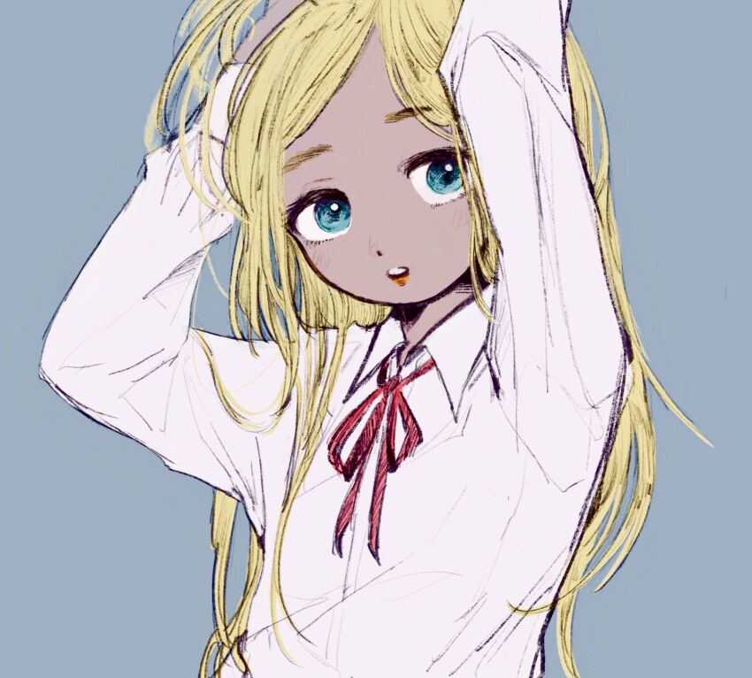 1girl arms_up blonde_hair blue_eyes commentary_request eyelashes grey_background highres idolmaster idolmaster_cinderella_girls layla_(idolmaster) long_hair long_sleeves looking_at_viewer open_mouth puyui red_ribbon ribbon school_uniform shirt solo tan upper_body very_long_hair white_shirt