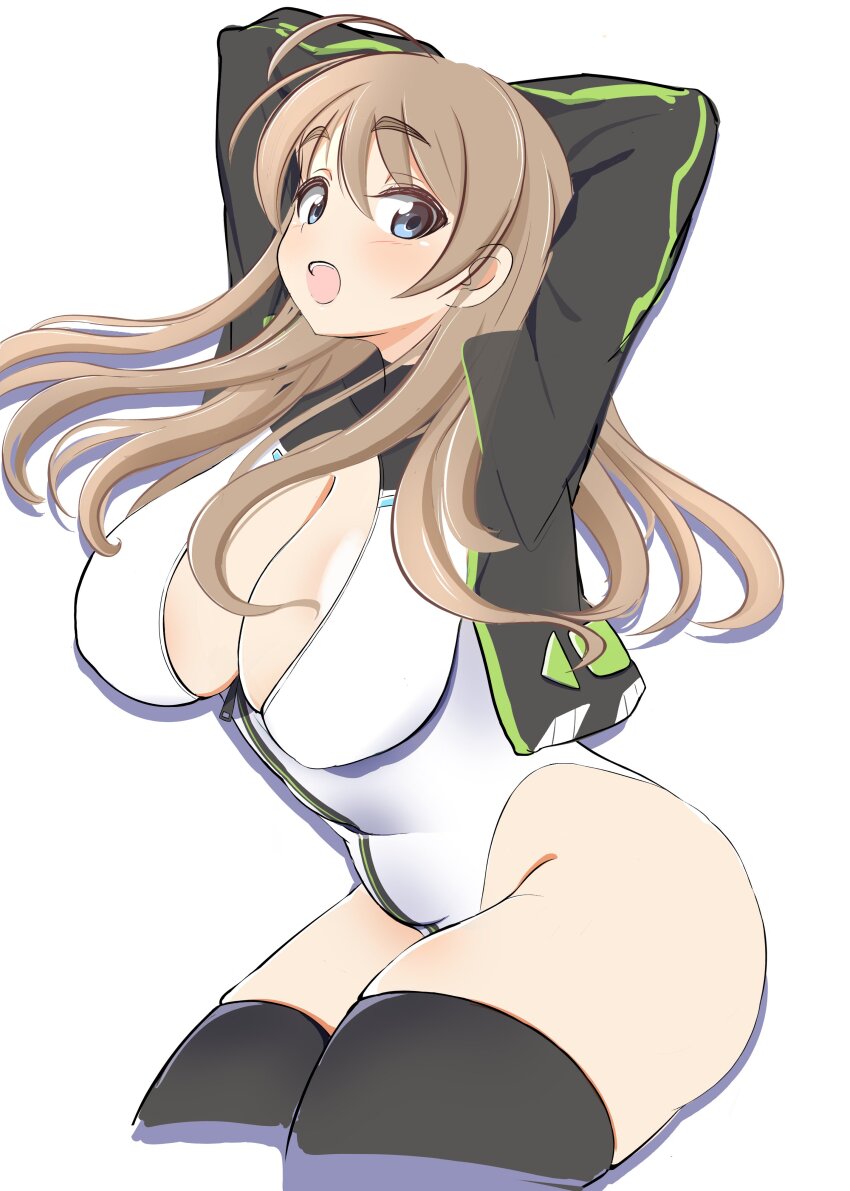 1girl absurdres ahoge alice_gear_aegis arms_behind_head black_jacket black_thighhighs blue_eyes breasts brown_hair circle_cutout cleavage cleavage_cutout clothing_cutout companion/af covered_collarbone cowboy_shot creator_connection cropped_legs front_zipper full-length_zipper hair_down haruwo0096 heattech_leotard highleg highleg_leotard highres jacket large_breasts leotard long_hair lynette_bishop multicolored_leotard race_queen sleeveless_turtleneck_leotard solo strike_witches thick_eyebrows thighhighs turtleneck two-tone_leotard white_leotard world_witches_series zipper zipper_leotard zipper_pull_tab