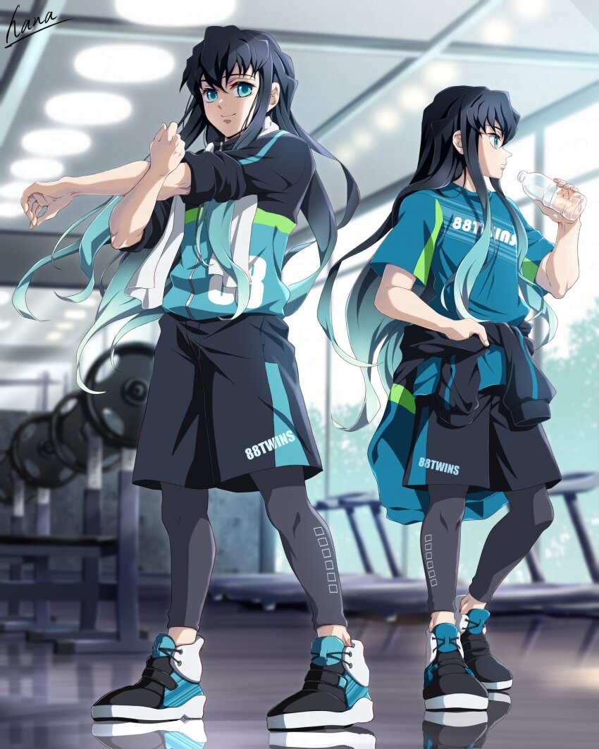aqua_eyes aqua_hair aqua_jacket black_hair black_jacket black_shoes black_shorts bottle brothers closed_mouth clothes_around_waist grey_pants gym hair_between_eyes hana_ni_nare highres holding holding_bottle jacket kimetsu_no_yaiba long_hair looking_at_viewer male_focus multicolored_hair multicolored_jacket multicolored_shoes multiple_boys pants shoes shorts siblings smile tokitou_muichirou tokitou_yuichirou towel towel_around_neck twins two-tone_hair water_bottle