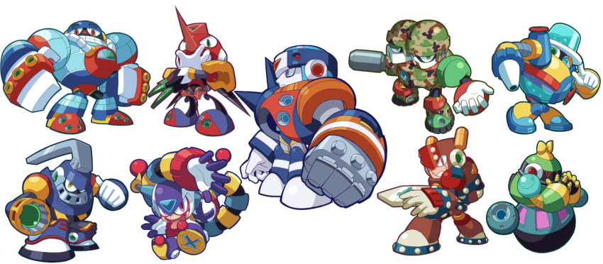 6+boys aqua_eyes aqua_man_(mega_man) arm_blade arm_cannon astro_man blade blue_eyes camouflage capcom chibi clenched_teeth clown clown_boy clown_man duo_(mega_man) everyone frost_man green_eyes grenade_man helmet jester jester_boy kin_niku long_nose mega_man:_powered_up mega_man_(classic) mega_man_(series) mega_man_8 multiple_boys no_humans non-humanoid_robot orange_eyes pointy_nose purple_eyes red_eyes robot search_man simple_background standing sword_man teeth tengu_man weapon white_background yellow_eyes