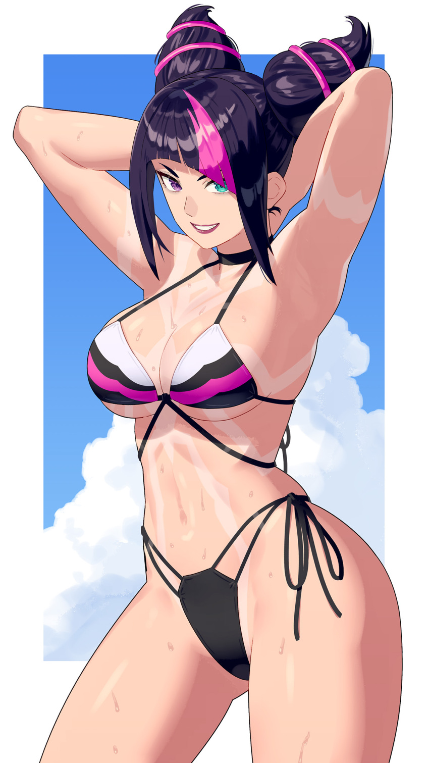 1girl alternate_costume aqua_eyes arms_behind_head bikini black_bikini black_hair breasts cleavage hair_horns han_juri heterochromia highres large_breasts multicolored_hair pink_hair purple_eyes streaked_hair street_fighter swimsuit tan tanline yagi2013