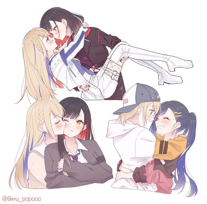 2girls azusawa_kohane baseball_cap beru_popooo black_hair black_jacket blonde_hair blue_hair blush boots braid cardigan carrying closed_eyes closed_mouth commentary_request earrings eye_contact fishnets garter_straps grey_cardigan grey_hat hat highres hood hood_down hoodie hug jacket jewelry kamiyama_high_school_uniform_(project_sekai) kiss kissing_cheek long_hair looking_at_another miyamasuzaka_girls&#039;_academy_school_uniform multiple_girls multiple_rings nail_polish official_alternate_costume official_alternate_hair_length official_alternate_hairstyle one_eye_closed orange_eyes ponytail princess_carry project_sekai red_hair red_nails ring sailor_collar school_uniform shiraishi_an short_hair shorts whip_the_wimp_girl!!_(project_sekai) white_boots white_hoodie white_sailor_collar white_shorts