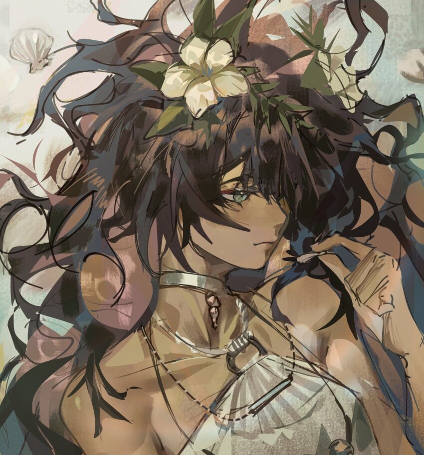 1girl bare_shoulders blue_eyes brown_hair closed_mouth dark-skinned_female dark_skin fatutu flower hair_flower hair_ornament halter_shirt halterneck hand_up highres leaf_hair_ornament messy_hair rain_(neporain) reverse:1999 shirt solo upper_body white_flower white_shirt