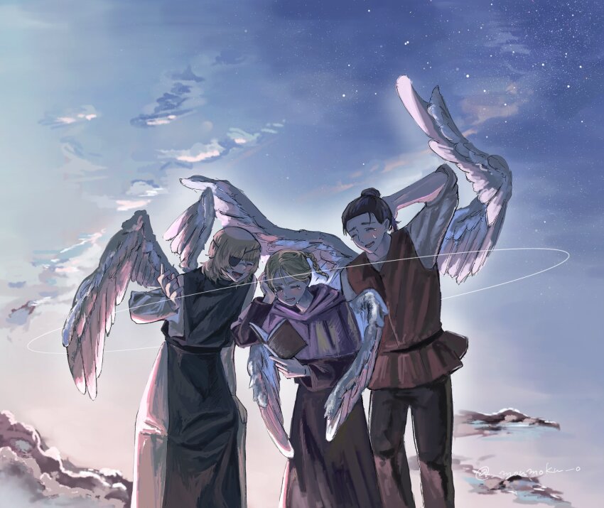 1girl 2boys angel_wings badeni belt black_hair blonde_hair blue_sky book braid braided_ponytail chi.:_chikyuu_no_undou_ni_tsuite cloak closed_eyes cloud dress eyepatch feet_out_of_frame gloves hair_pulled_back highres holding holding_book hood hooded_cloak jolenta long_hair medium_hair moumoku_o multiple_boys oczy open_mouth pants ponytail scapular scar scar_on_face scar_on_lip scar_on_mouth scar_on_nose shirt single_braid sky smile star_(sky) tears tonsure vest wings wiping_tears