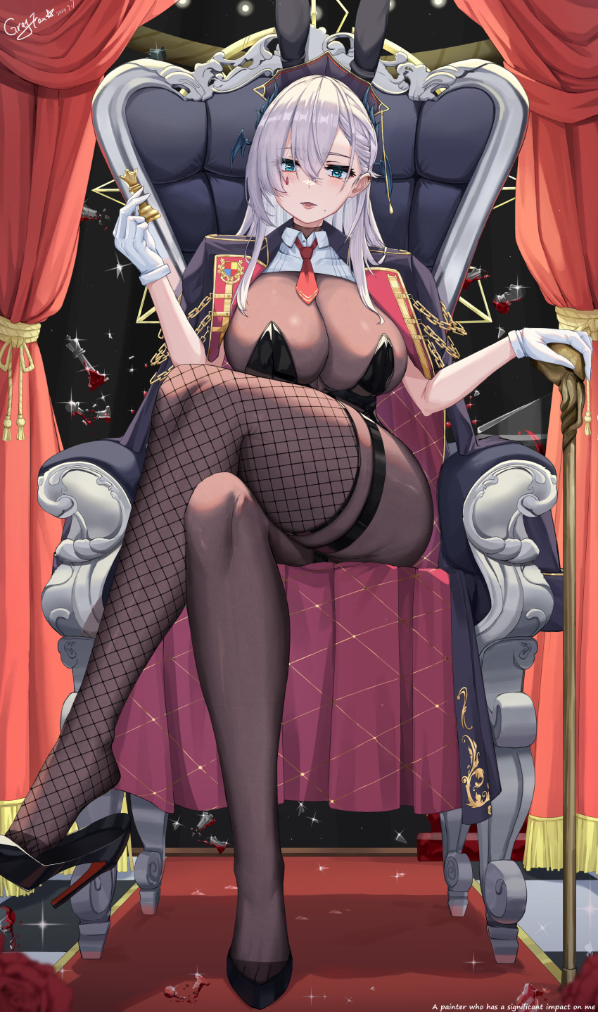 1girl absurdres animal_ears black_leotard blue_eyes blue_jacket blush bow bowtie breasts chess_piece cleavage commentary_request covered_navel crossed_legs detached_collar fake_animal_ears fishnet_thighhighs fishnets gloves grayfoxpochi grey_hair high_heels highleg highleg_leotard highres holding indie_virtual_youtuber jacket large_breasts leotard long_hair looking_at_viewer open_clothes open_jacket pantyhose playboy_bunny pochimaru_(vtuber) queen_(chess) rabbit_ears red_bow red_bowtie revision see-through_cleavage see-through_clothes sitting sitting_on_throne smile solo strapless strapless_leotard teardrop_facial_mark thigh_strap thighhighs virtual_youtuber white_gloves