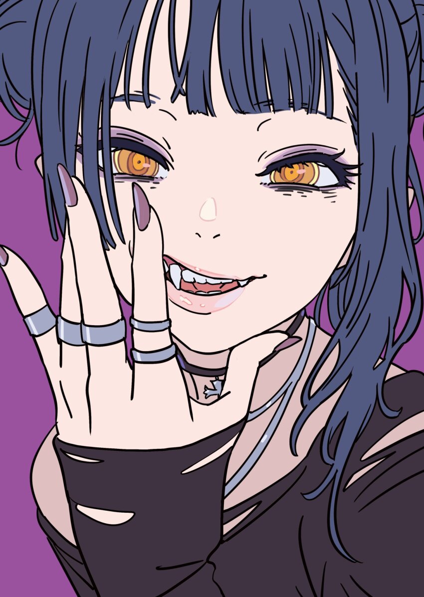1girl blue_hair choker fangs highres jewelry mebae nail_polish orange_eyes original ring solo