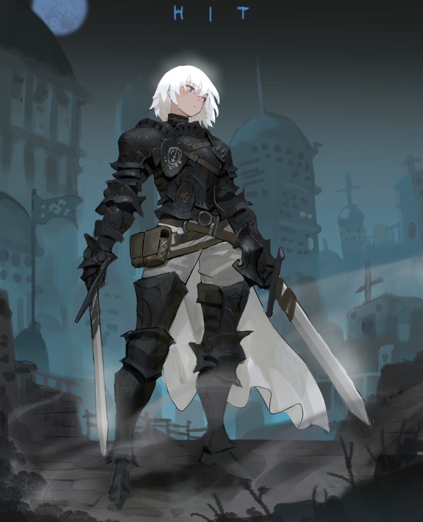 1girl absurdres armor armored_boots arms_at_sides arowana2111 belt black_armor blue_eyes boots brown_belt building commentary english_commentary full_body gauntlets highres holding holding_sword holding_weapon moon night original pauldrons short_hair shoulder_armor shoulder_belt solo standing sword vambraces weapon white_hair