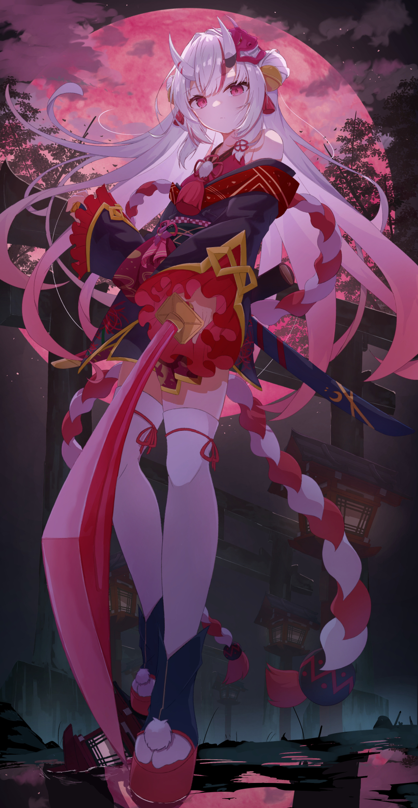 1girl absurdres commentary_request double_bun dual_wielding full_body furisode hair_between_eyes hair_bun halterneck highres holding holding_sword holding_weapon hololive horns japanese_clothes katana kimono kouhaku_nawa lantern long_hair long_sleeves looking_at_viewer mask mk_haku moon nakiri_ayame nakiri_ayame_(1st_costume) night obi obidome obijime off_shoulder okobo oni oni_mask platform_sandals pom_pom_footwear red_eyes red_kimono red_moon rope sandals sash scabbard sheath shimenawa sidelocks skin-covered_horns solo sword tabi tassel thighhighs torii tree unsheathed virtual_youtuber weapon white_hair white_thighhighs wooden_lantern