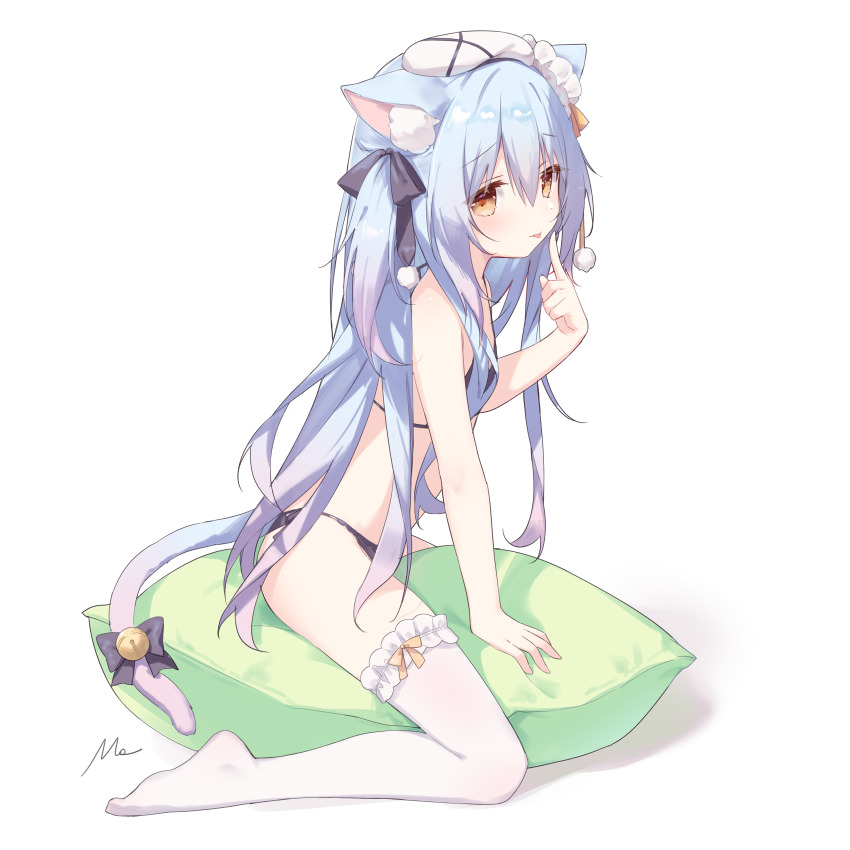 1girl absurdres animal_ear_fluff animal_ears bare_arms bare_shoulders bell bikini black_bikini black_bow blue_hair bow brown_eyes cat_ears cat_girl cat_tail closed_mouth commentary_request finger_to_mouth frilled_thighhighs frills full_body gradient_hair hair_between_eyes hair_bow hand_up highres jingle_bell long_hair looking_at_viewer mo_(pixiv9929995) multicolored_hair no_shoes one_side_up original pillow purple_hair shadow signature simple_background straddling swimsuit tail tail_bell tail_bow tail_ornament thighhighs tongue tongue_out very_long_hair white_background white_thighhighs