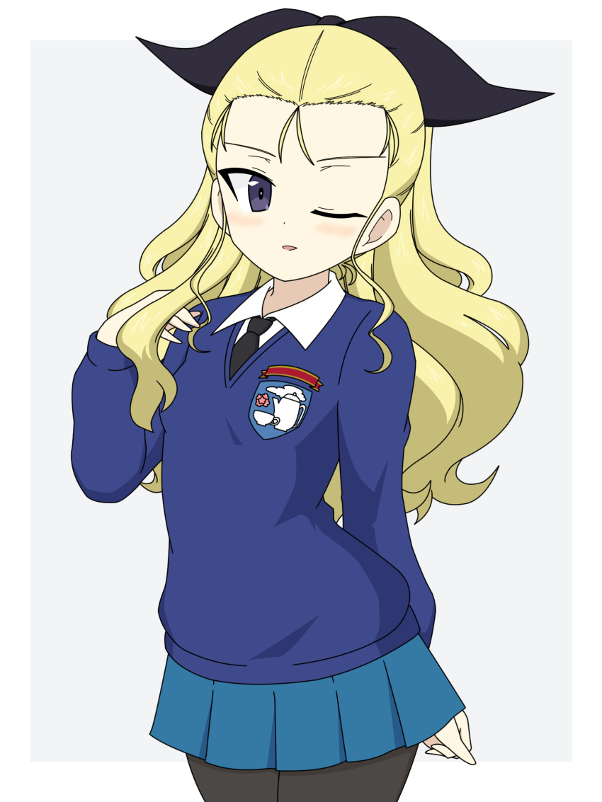 1girl assam_(girls_und_panzer) black_bow black_pantyhose blonde_hair blue_skirt blue_sweater blush bow collared_shirt commentary_request emblem girls_und_panzer hair_bow hand_on_own_shoulder highres ichinose_jun light_smile long_hair looking_at_viewer miniskirt one_eye_closed open_mouth pantyhose pleated_skirt purple_eyes shirt skirt smile st._gloriana&#039;s_(emblem) sweater wavy_hair white_shirt
