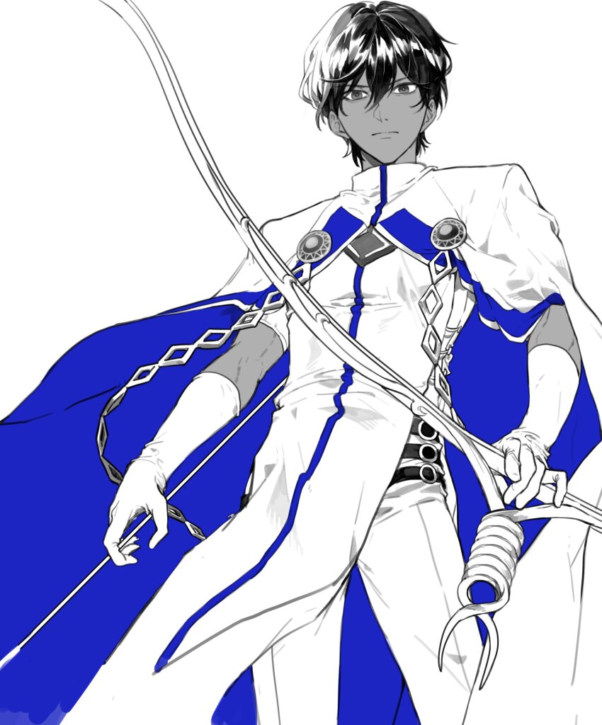 1boy absurdres arjuna_(fate) arrow_(projectile) bow_(weapon) cleavage_cutout clothing_cutout commentary_request dark-skinned_male dark_skin fate/grand_order fate_(series) feet_out_of_frame gloves greyscale hair_between_eyes highres holding holding_bow_(weapon) holding_weapon korean_commentary long_sleeves looking_at_viewer male_focus monochrome pelvic_curtain potato_goril short_hair simple_background solo spot_color standing weapon white_gloves