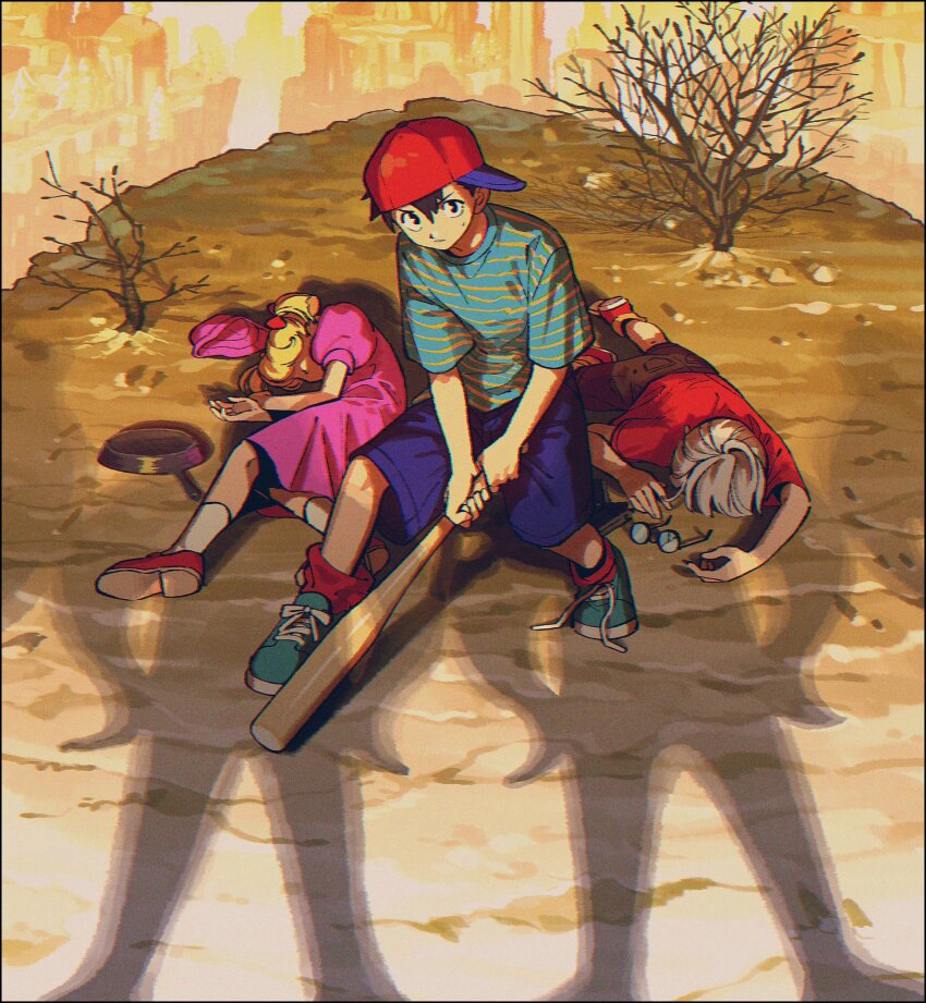 1girl 2boys ana_(mother) baseball_bat baseball_cap black_hair blonde_hair blue_footwear blue_shorts broken_eyewear brown_shorts cliff closed_mouth dress frying_pan glasses grey_hair hat highres kwsby_124 lloyd_(mother) lying male_focus mother_(series) mother_1 multiple_boys ninten nintendo on_side on_stomach outdoors pink_dress red_footwear red_headwear red_shirt red_socks shadow shirt shoes shorts sideways_hat sneakers socks starman_(mother) striped_clothes striped_shirt sweat untied_shoelaces