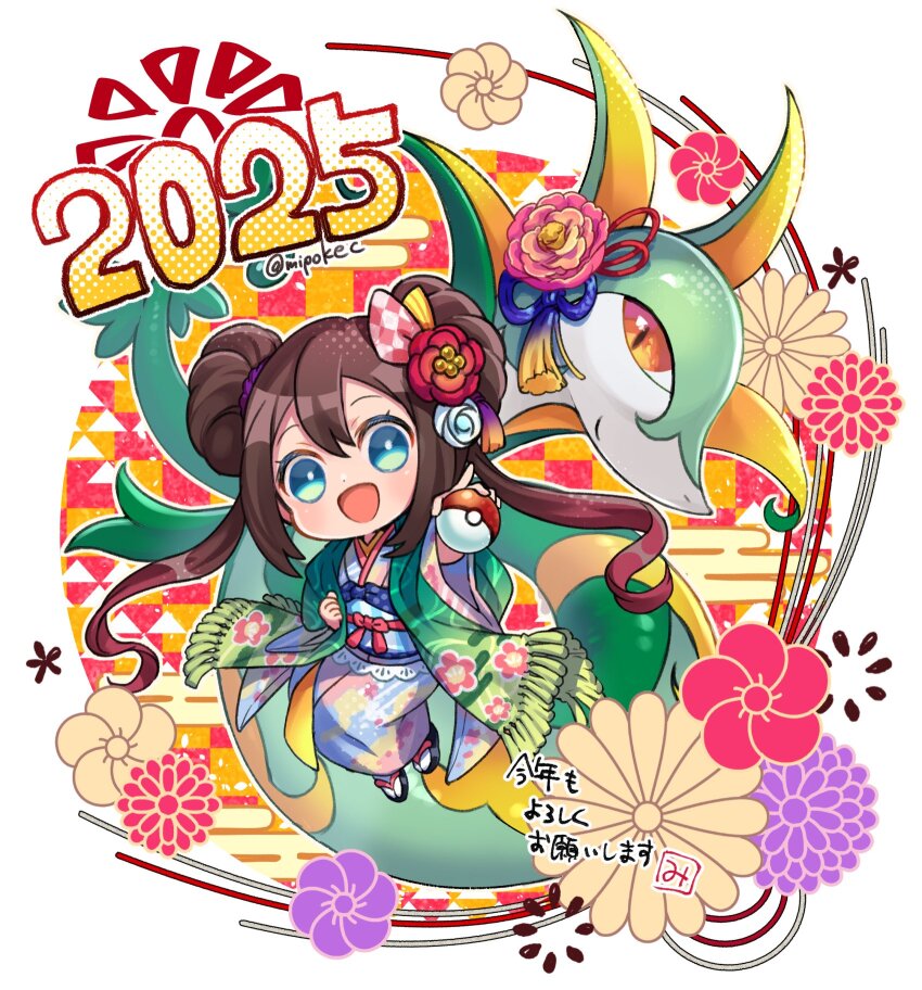 1girl 2025 :d alternate_costume blue_eyes brown_hair chibi chinese_zodiac double_bun full_body gen_5_pokemon hair_bun happy_new_year highres holding holding_poke_ball japanese_clothes kimono long_hair long_sleeves looking_at_viewer mipokec new_year nintendo open_mouth poke_ball poke_ball_(basic) pokemon pokemon_(creature) pokemon_bw2 rosa_(pokemon) sandals serperior smile socks twintails twitter_username white_socks wide_sleeves year_of_the_snake