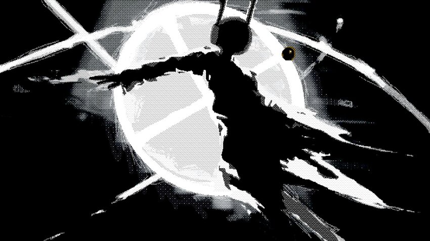 1boy androgynous black_background commentary egshels english_commentary five_pebbles greyscale humanoid_robot iterator_(rain_world) karma_symbol_(rain_world) monochrome pearl_(rain_world) pixel_art rain_world robot robot_ears
