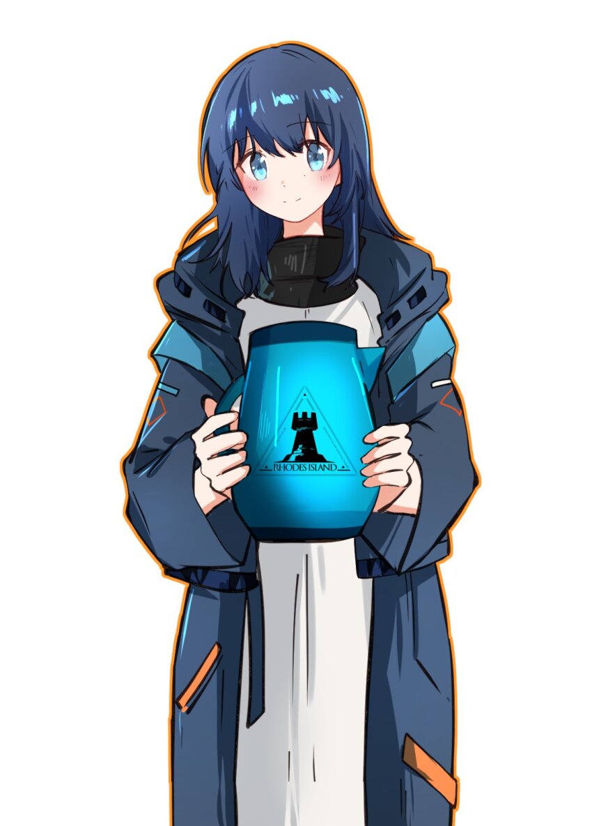 1girl arknights arya_melati blue_eyes blue_hair blush closed_mouth coat commentary doctor_(arknights) english_commentary feet_out_of_frame female_doctor_(arknights) highres holding holding_kettle hood hood_down hooded_coat kettle light_smile long_hair long_sleeves looking_at_viewer open_clothes open_coat rhodes_island_logo_(arknights) shirt simple_background solo white_background white_shirt