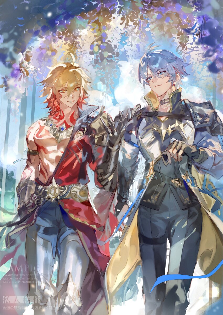 2boys abs antenna_hair armlet armor armored_boots bare_pectorals black_choker black_coat black_gloves black_pants black_shirt blonde_hair blue_cape blue_eyes blue_sky boots braid cape chest_tattoo choker clawed_gauntlets coat commission facial_tattoo fingerless_gloves gloves gold_armlet gold_necklace gradient_hair hair_between_eyes highres honkai:_star_rail honkai_(series) jewelry looking_at_another male_focus medium_hair multicolored_hair multiple_boys mydei_(honkai:_star_rail) necklace open_clothes open_coat pants pauldrons pectorals phainon_(honkai:_star_rail) red_hair red_tattoo sample_watermark shirt short_hair shoulder_armor side_braid side_cape single_glove single_pauldron sky sun_symbol sun_tattoo tan tattoo thigh_strap tian_(my_dear) toned toned_male vambraces walking watermark white_coat white_hair yellow_eyes