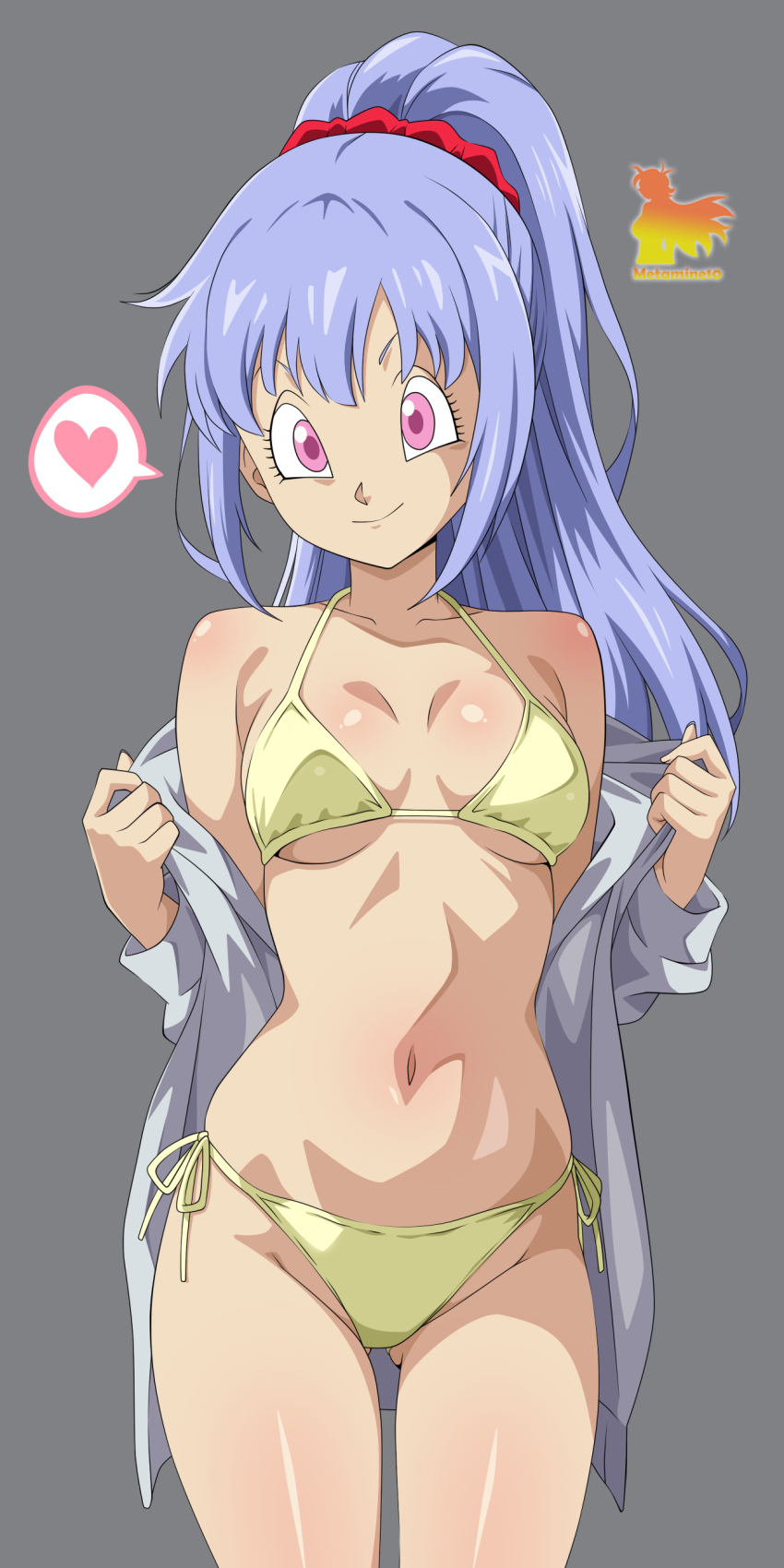1girl absurdres bare_shoulders bikini blush breasts grey_background grey_jacket hair_ornament hair_scrunchie highres jacket long_hair looking_at_viewer medium_breasts metaminegl navel open_clothes open_jacket original pink_eyes ponytail purple_hair scrunchie side-tie_bikini_bottom simple_background smile solo spanish_commentary swimsuit toriyama_akira_(style) yellow_bikini