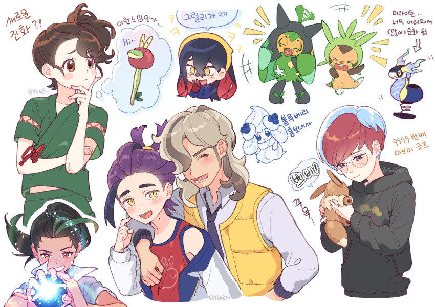 +++ 2boys 4girls :d alcremie arrow_(symbol) arven_(pokemon) black_hair blush brown_eyes brown_hair carmine_(pokemon) character_doll chespin closed_mouth collared_shirt commentary dipplin eevee eyelashes floating_hair freckles gen_1_pokemon gen_6_pokemon gen_8_pokemon green_hair green_shirt green_shorts grin hand_up highres holding holding_tera_orb hood hood_down hoodie jacket juliana_(pokemon) kieran_(pokemon) korean_text miraidon mole mole_on_neck multiple_boys multiple_girls necktie nemona_(pokemon) nintendo ogerpon open_mouth penny_(pokemon) pokemon pokemon_(creature) pokemon_sv purple_hair red_shirt shi_mohaji shirt short_sleeves shorts smile speech_bubble tank_top teeth tera_orb themed_object thought_bubble translation_request vest white_jacket yellow_eyes yellow_vest