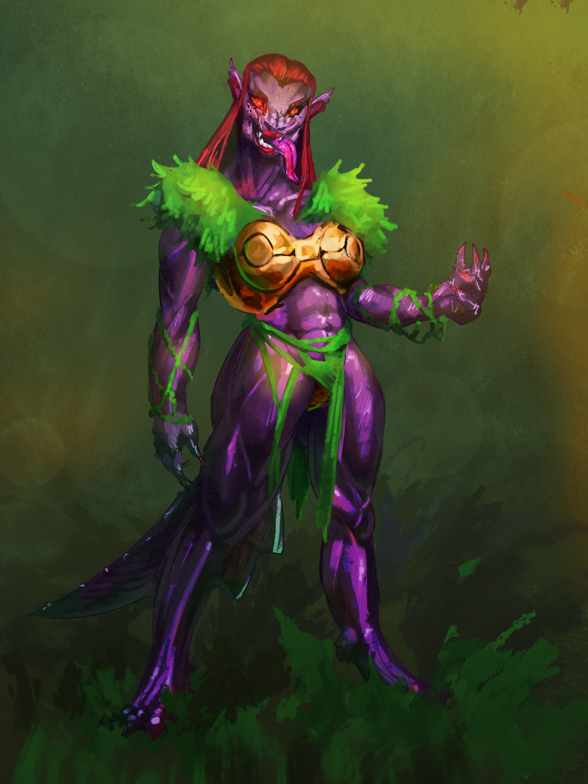 armor breastplate claws colored_skin digitigrade highres muscular muscular_female non-web_source orange_eyes original pointy_ears purple_skin red_hair straight_hair tagme tail thighs