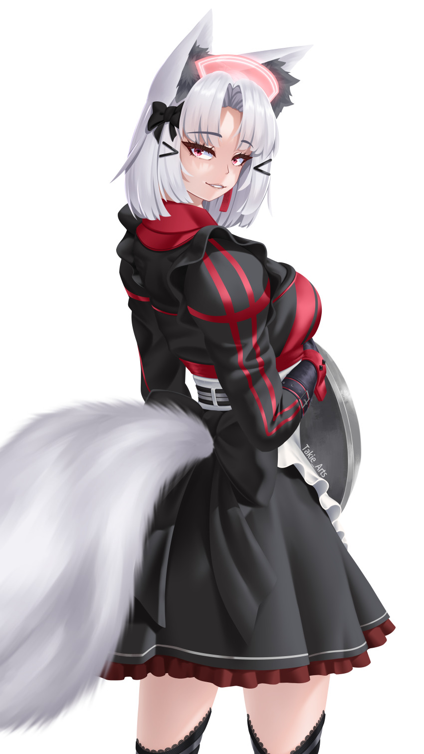 absurdres alternate_costume animal_ear_fluff animal_ears apron black_bow black_dress bow corset drake_(maid_for_villain)_(nikke) drake_(nikke) dress fang fox_ears fox_girl fox_tail frilled_apron frilled_dress frills from_behind gloves goddess_of_victory:_nikke grey_hair grin hair_bow hair_ornament hairclip highres juliet_sleeves kemonomimi_mode long_sleeves looking_at_viewer looking_back maid maid_apron maid_headdress official_alternate_costume parted_bangs puffy_sleeves red_eyes short_hair simple_background skirt smile tail takie_arts thighhighs tray white_background wrist_cuffs