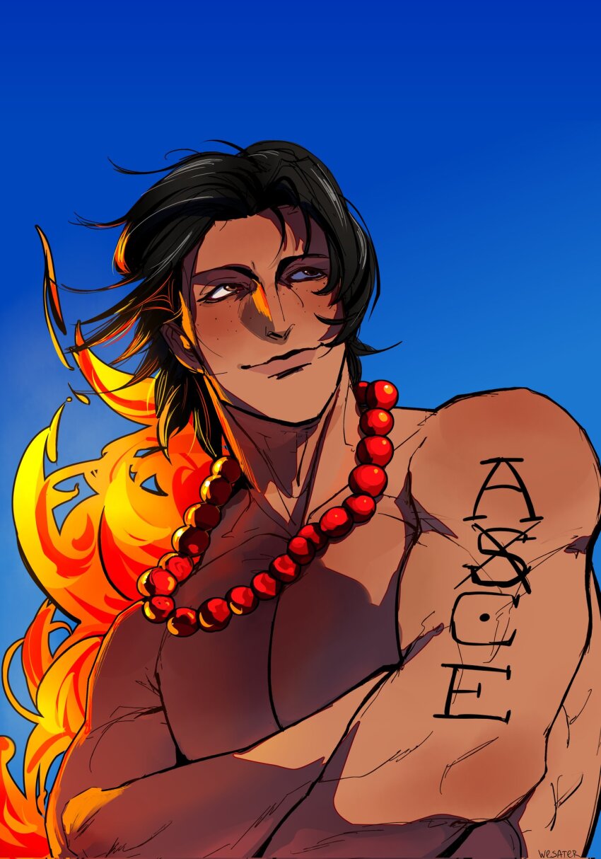 1boy arm_tattoo artist_name black_hair blue_sky closed_mouth commentary crossed_arms fire freckles highres jewelry looking_to_the_side male_focus necklace one_piece pearl_necklace portgas_d._ace short_hair sky smile solo tattoo topless_male upper_body wesaier