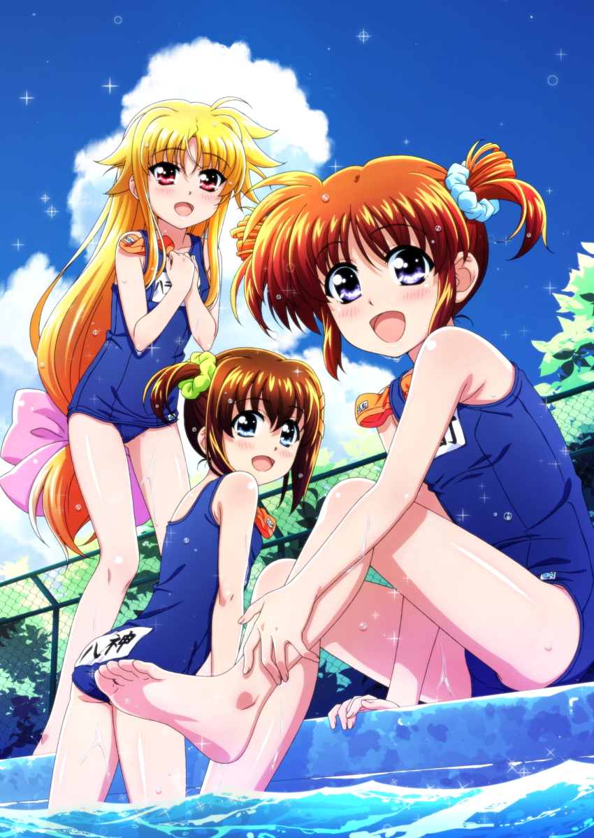 3girls blonde_hair blue_eyes blue_one-piece_swimsuit blue_sky blush brown_hair cloud commentary_request day fate_testarossa highres long_hair looking_at_viewer lyrical_nanoha mahou_shoujo_lyrical_nanoha miyajima_hitoshi multiple_girls name_tag one-piece_swimsuit open_mouth outdoors pool red_eyes school_swimsuit short_hair sitting sky smile swimsuit takamachi_nanoha very_long_hair water yagami_hayate