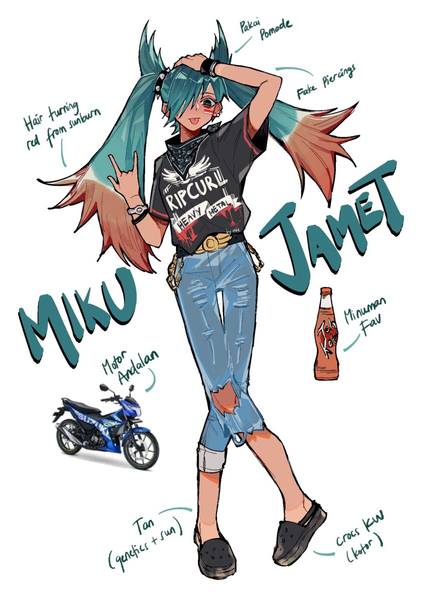 1girl \m/ aqua_hair bandana bandana_around_neck belt belt_buckle black_bandana black_belt black_footwear black_shirt blue_eyes blue_hair blue_pants bracelet buckle crocs denim earclip english_text facial_mark full_body hair_horns hair_ornament hair_over_one_eye hand_on_own_head hatsune_miku highres indonesian_flag jeans jewelry long_hair looking_at_viewer mbembe motor_vehicle motorcycle multicolored_hair pants print_shirt red_hair shirt shirt_tucked_in simple_background solo spiked_hair_ornament standing tan tongue tongue_out torn_clothes torn_jeans torn_pants twintails two-tone_hair vocaloid wallet_chain white_background worldwide_miku
