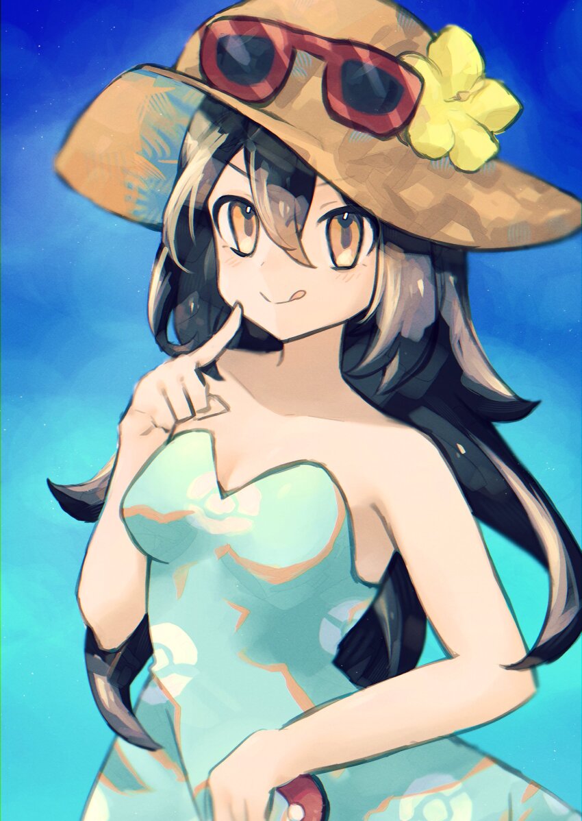 1girl absurdres asatte_3z bare_shoulders black_hair blue_dress breasts cleavage closed_mouth collarbone dress eyewear_on_headwear finger_to_face flower hair_between_eyes hand_up hat hat_flower hibiscus highres holding holding_poke_ball index_finger_raised long_hair medium_breasts nintendo orange_eyes orange_hat poke_ball poke_ball_(basic) poke_ball_print pokemon pokemon_sm print_dress red-framed_eyewear sightseer_(pokemon) smile solo split_mouth strapless strapless_dress sunglasses tongue tongue_out v-shaped_eyebrows yellow_flower