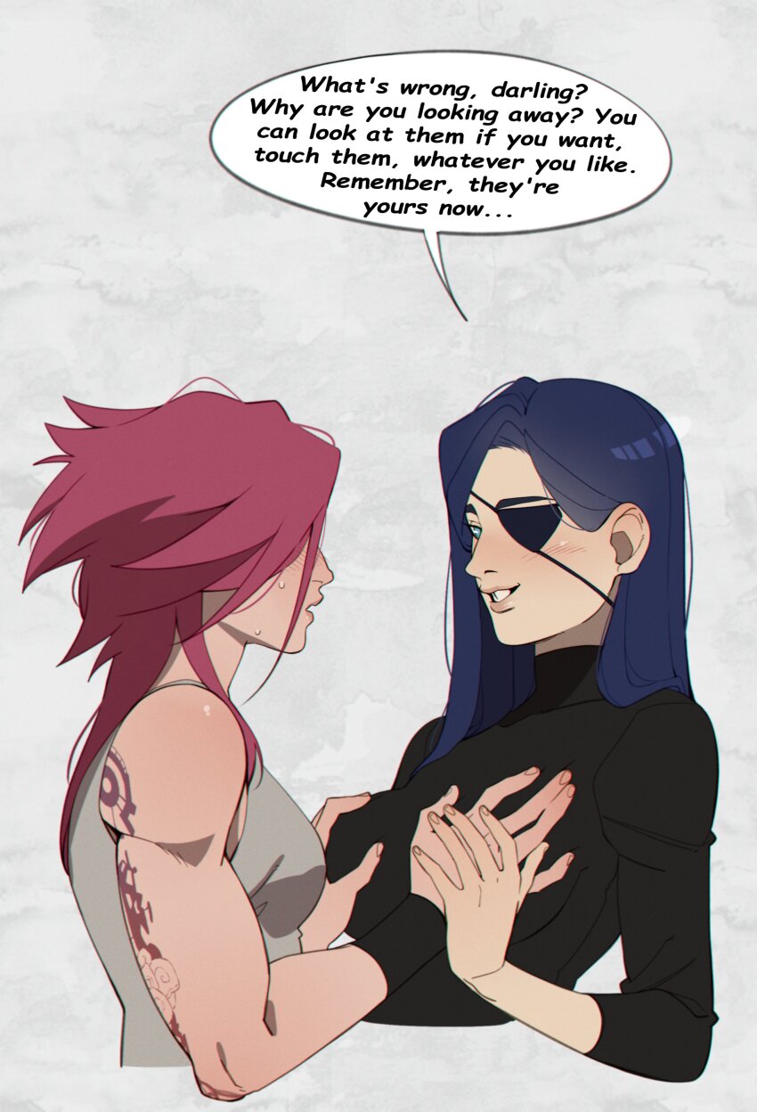 2girls absurdres back_tattoo black_shirt black_skirt blue_hair caitlyn_(league_of_legends) eyepatch grabbing_another&#039;s_breast groping guided_breast_grab guiding_hand highres multiple_girls omy-chan shirt skirt tattoo vi_(league_of_legends) yuri