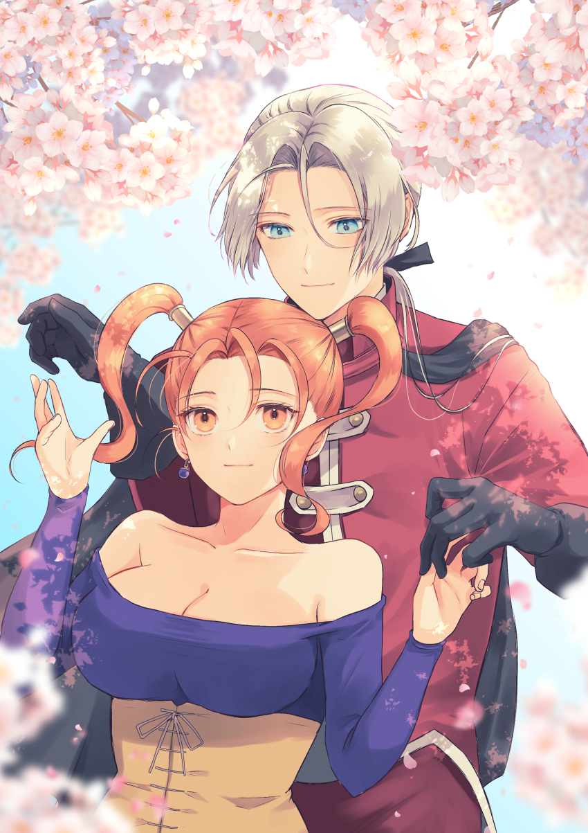 1boy 1girl absurdres bare_shoulders black_bow black_gloves blue_eyes blue_shirt blurry blurry_foreground bow breasts c-diamond cherry_blossoms cleavage commentary_request couple depth_of_field dragon_quest dragon_quest_viii earrings falling_petals front-to-back gloves hair_bow hair_pulled_back hair_tubes hetero highres holding_hands jessica_albert jewelry kukuru_(dq8) large_breasts looking_at_another looking_down looking_up low_ponytail off-shoulder_shirt off_shoulder orange_eyes orange_hair parted_bangs parted_hair petals ponytail shirt smile sphere_earrings twintails white_hair yellow_corset