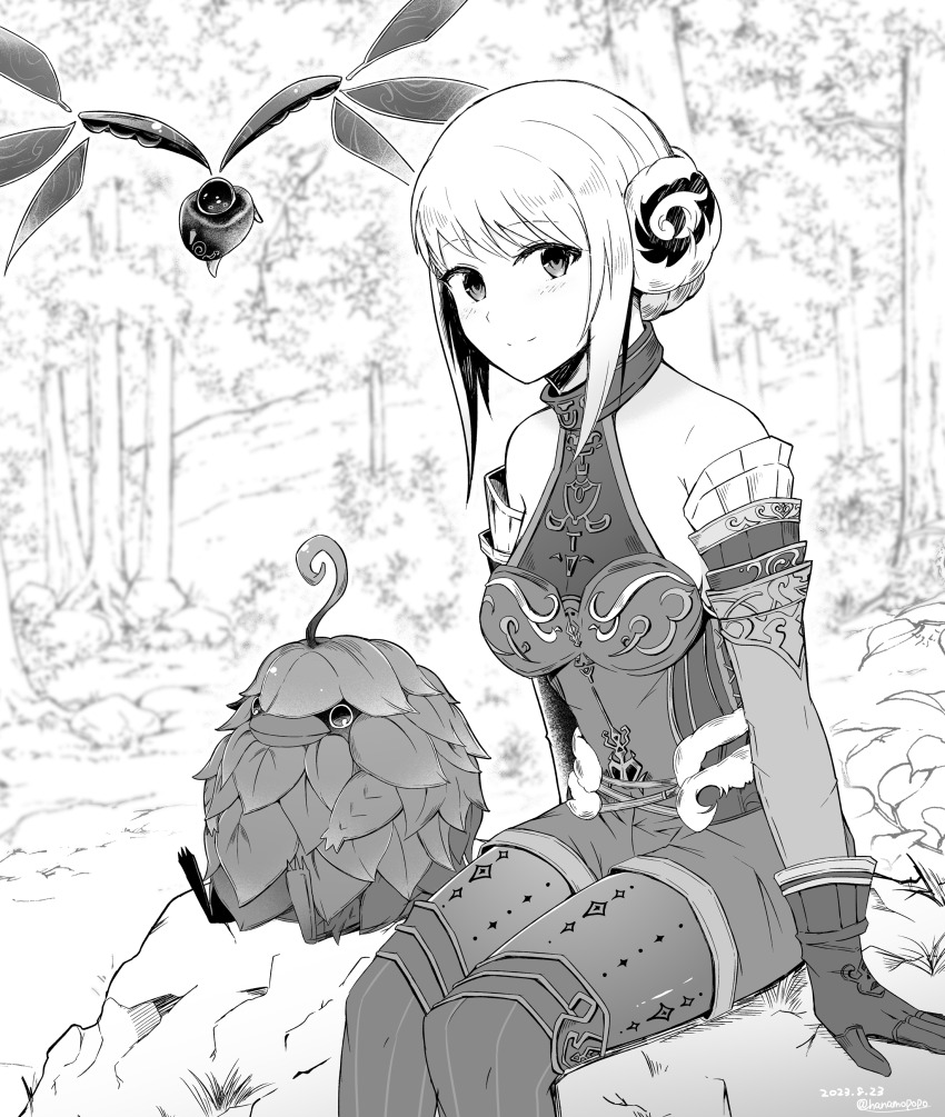 1girl absurdres arciela_v_adoulin blurry blurry_background bonnet closed_mouth commentary_request dated fern final_fantasy final_fantasy_xi forest grey_hair greyscale highres leafkin monochrome nature ntapopo plant rock sitting sitting_on_object sleeveless solo split_mouth twitter_username