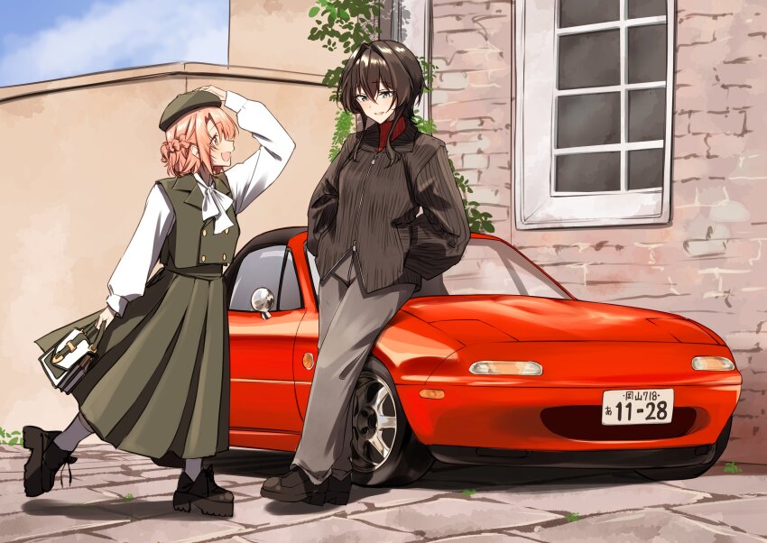 2girls absurdres adjusting_clothes adjusting_headwear asanagi_yori ascot bag beret black_footwear braid brown_jacket car commentary day eunos_roadster grey_eyes grey_pants grey_skirt grey_vest hair_between_eyes half_up_braid half_updo handbag hands_in_pockets hat highres jacket kino_himari long_sleeves looking_at_another mazda mazda_mx-5 mazda_mx-5_na mooninkyuu motor_vehicle multiple_girls open_mouth orange_eyes orange_hair outdoors pants red_sweater sasayaku_you_ni_koi_wo_utau shirt sidelocks skirt smile sweater vehicle_request vest white_ascot white_shirt wolf_cut
