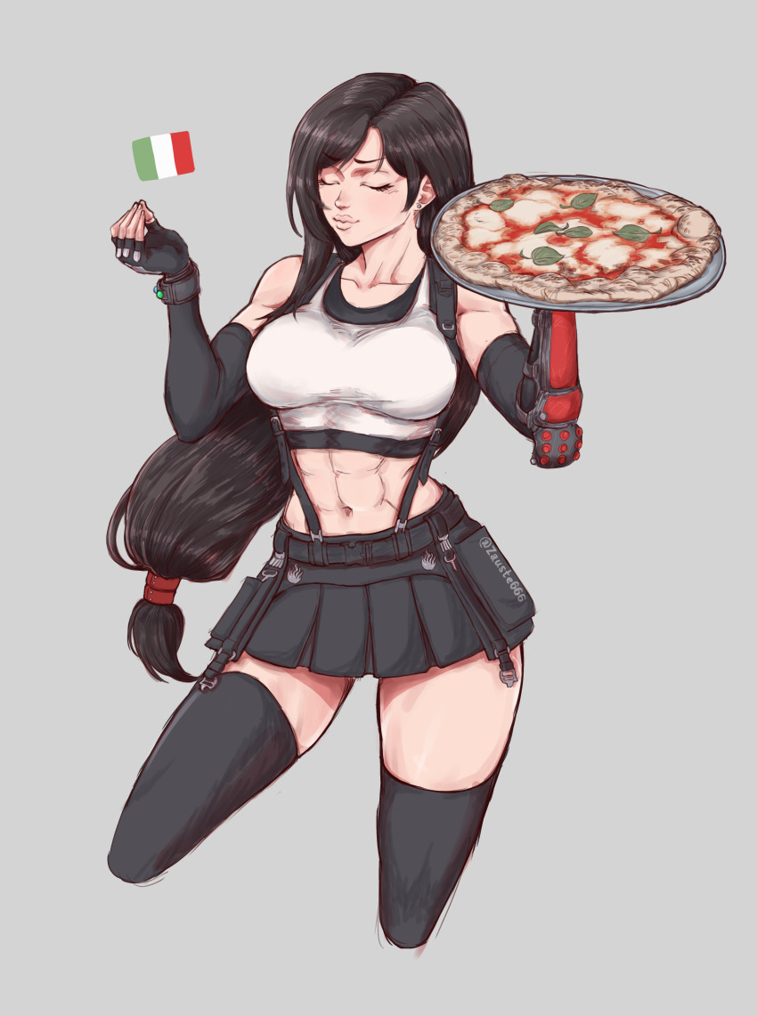 1girl abs absurdres black_hair black_skirt breasts che_vuoi?_(italian_gesture) closed_eyes cropped_legs final_fantasy final_fantasy_vii food food_focus grey_background highres italian_senate_porn_livestream_(meme) italy large_breasts long_hair margherita_pizza meme midriff miniskirt muscular muscular_female navel pizza simple_background skirt suspender_skirt suspenders tank_top thighhighs tifa_lockhart toned zauste666