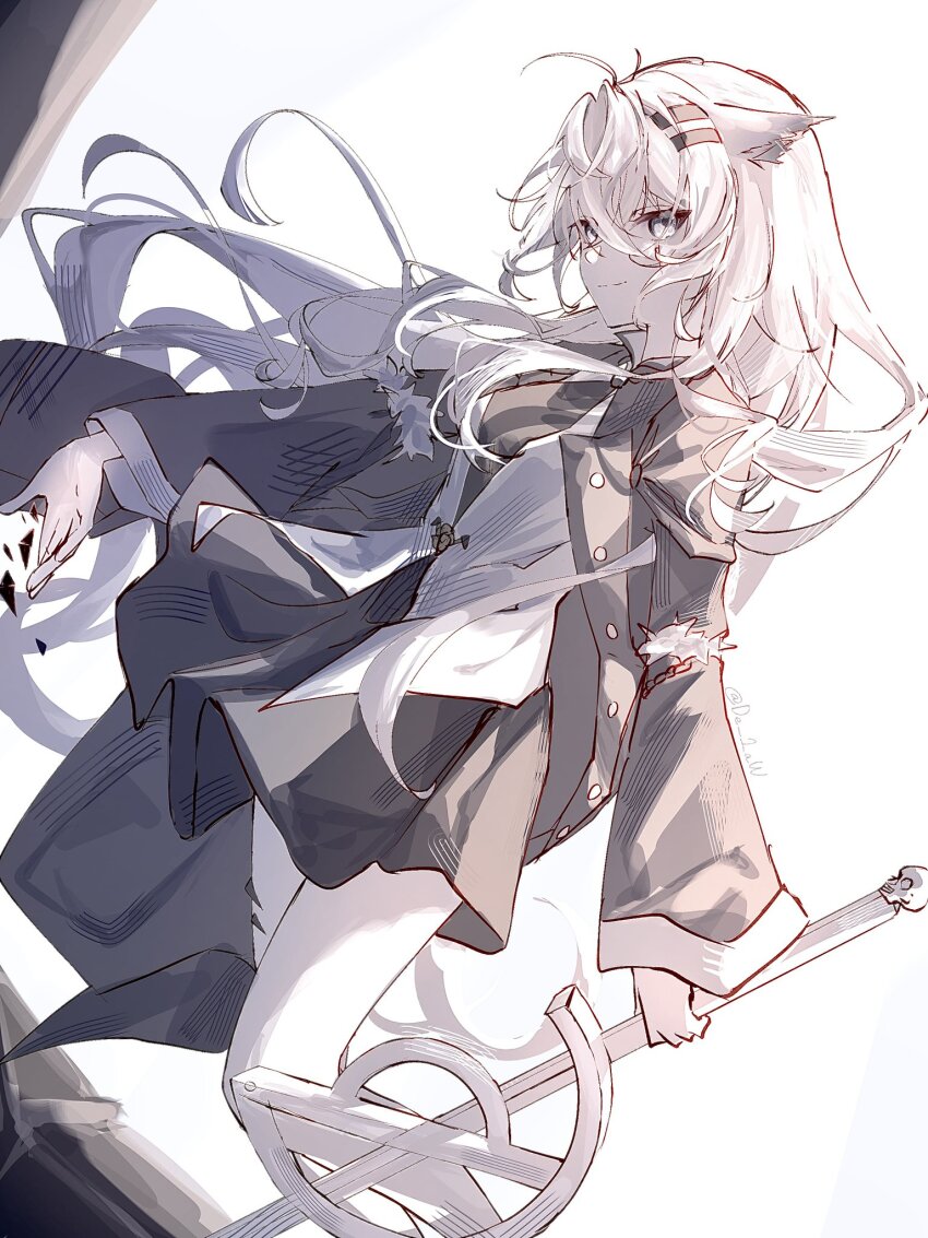 1girl animal_ears arknights black_coat black_dress closed_mouth coat de_1aw dress feet_out_of_frame grey_eyes hair_between_eyes highres holding holding_weapon lappland_(arknights) lappland_(refined_horrormare)_(arknights) long_hair long_sleeves looking_at_viewer official_alternate_costume open_clothes open_coat smile solo weapon white_background white_hair wolf_ears wolf_girl