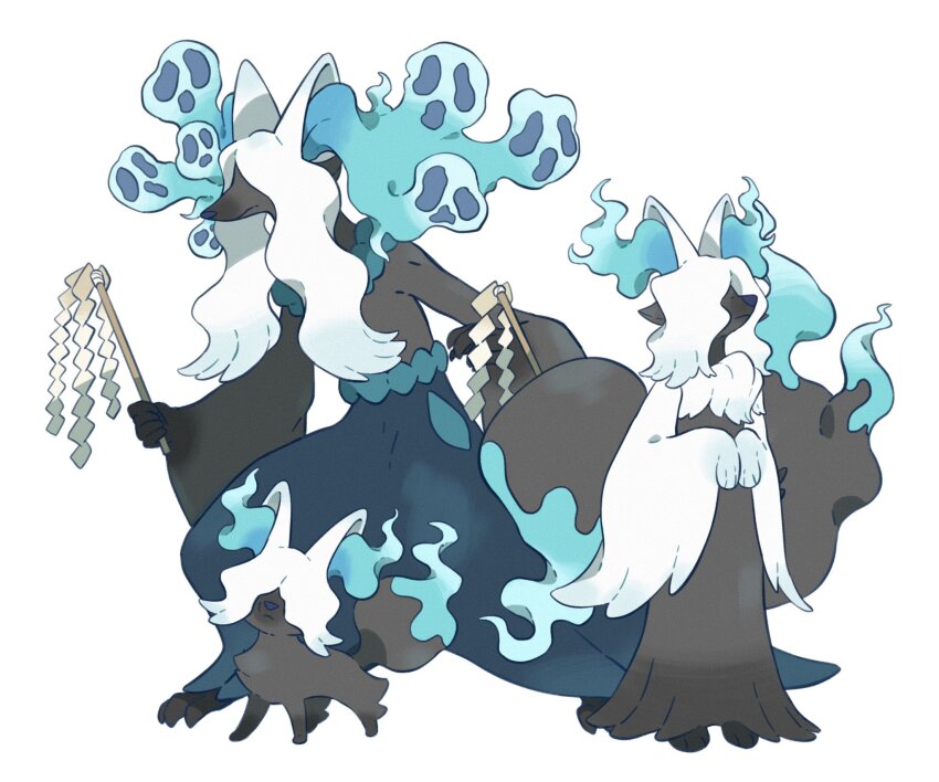alternate_design animal_ear_fluff animal_hands black_fur blue_fur braixen delphox evolutionary_line fennekin full_body gen_6_pokemon hair_over_eyes hands_up highres holding holding_stick nintendo no_humans own_hands_together pokemon pokemon_(creature) shide simple_background standing stick white_background white_fur wulie_errr